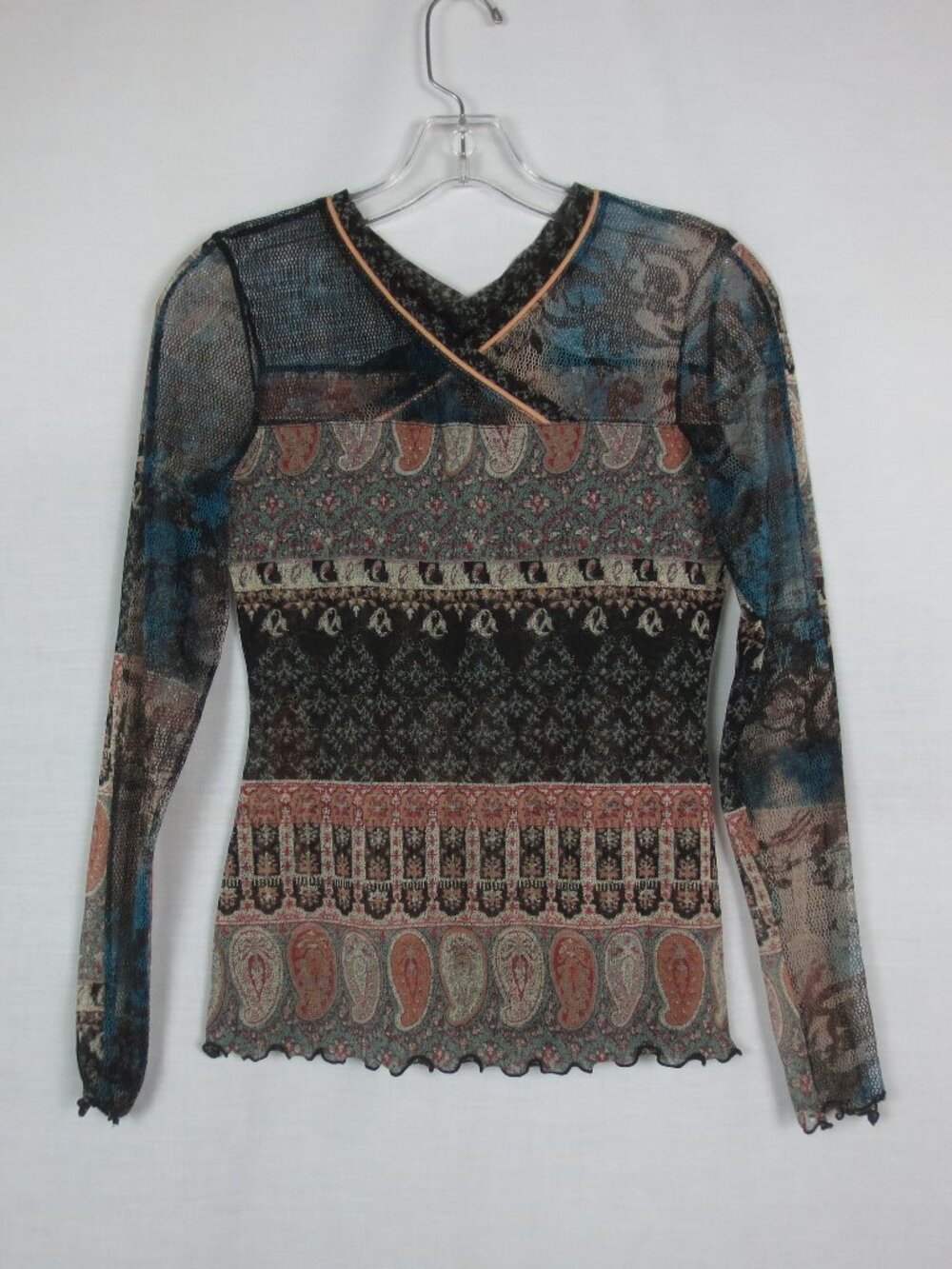 NEW ANAC Top Blue Cream Black Tribal Boho Paisley Print Mesh Lightweight Size S